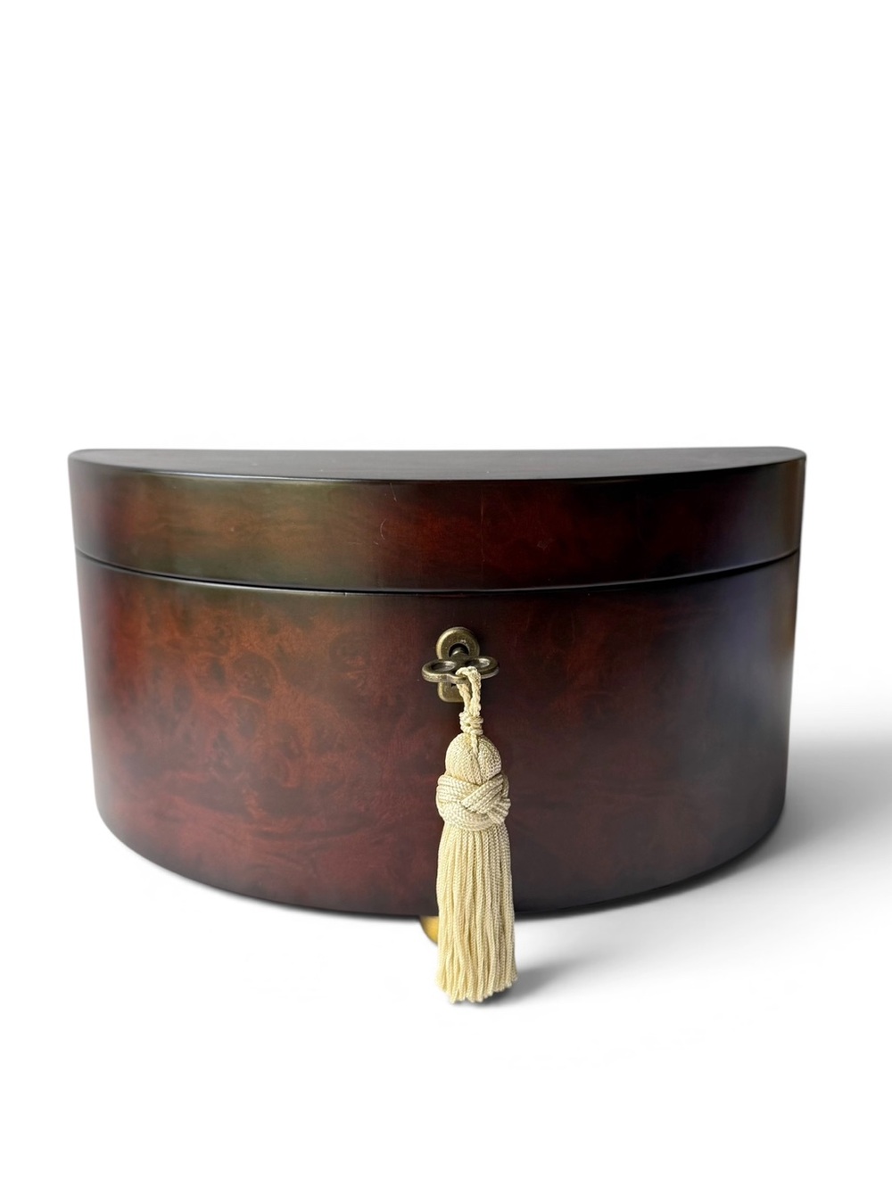 Bombay Co Half Moon Cherry Burlwood Finish Jewelry Box Tassel Key Brass Feet